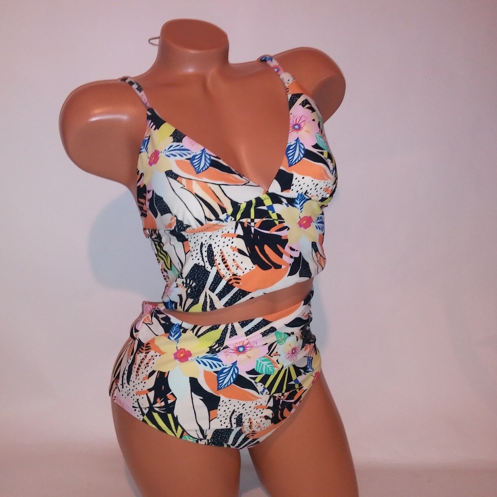 Old Navy Swim Bikini Medium Top & Bottom Colorful Floral High Waist Wireless